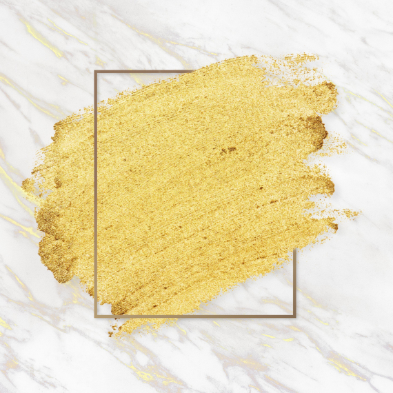 Gold paint with a golden rectangle frame on a white marble background illustration